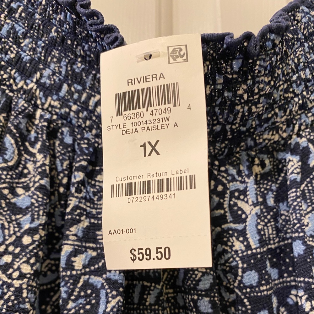 INC InternConcepts Off the Shoulder Top, Intrepid Blue and White, Size 1X